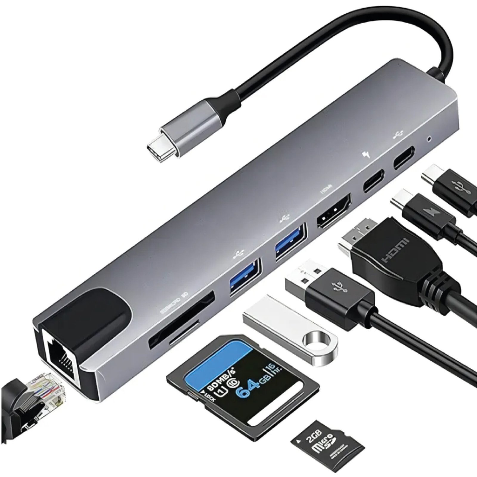 Hub Usb Tipo C 8 En 1 Lan Hdmi Usb 3.0 Sd Tf Laptop Celular Color ...